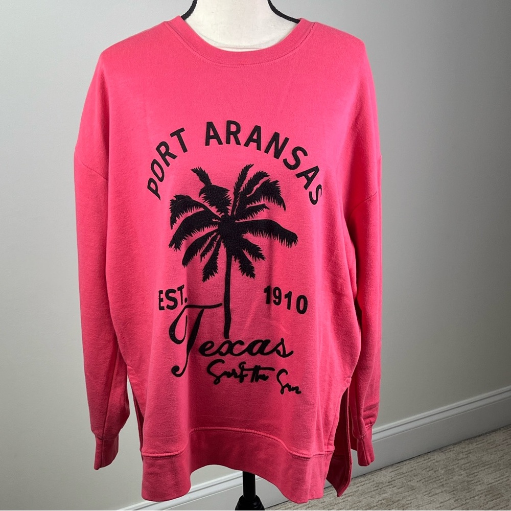 Port Aransas Texas Women’s Large Pink Palm Tree Graphic Sweatshirt Oversized